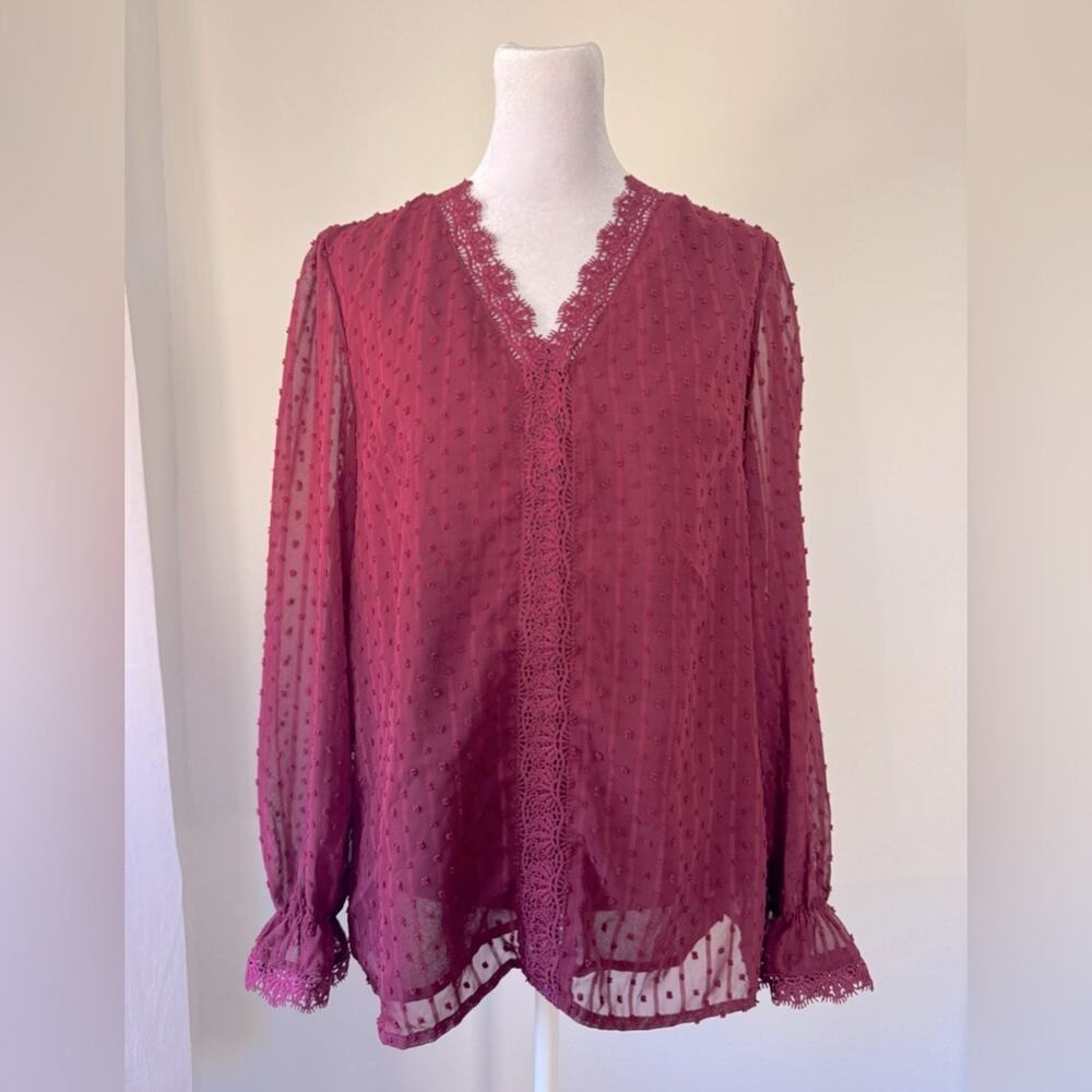 Burgundy Lace V-Neck Long Sleeve Blouse